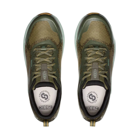Top view of olive-green KEEN hiking shoes with bungee laces and black trim