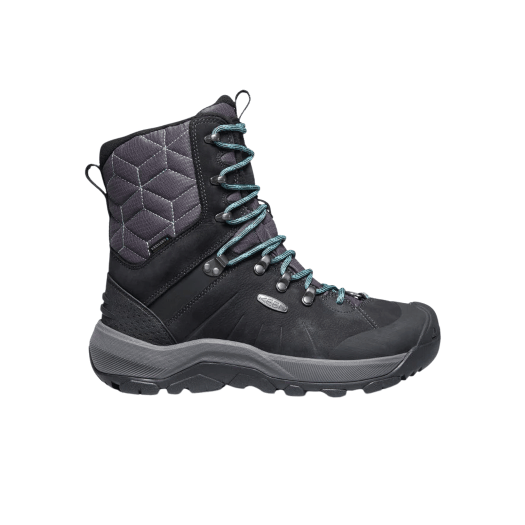 Black insulated hiking boot with teal laces and a quilted shaft
