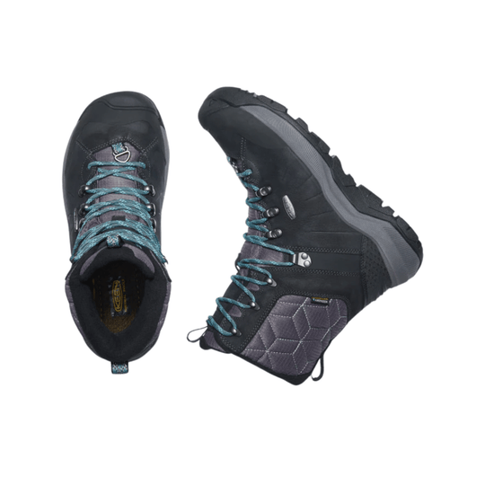 Black high-top winter hiking boots with teal laces, shown from top and side views