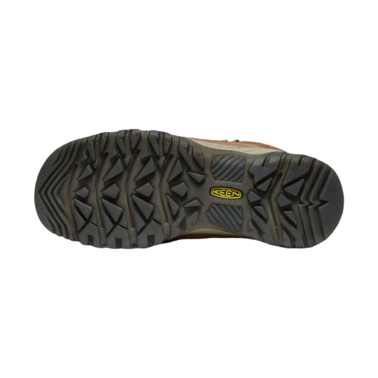 Hiking boot outsole with deep black tread and a visible KEEN logo
