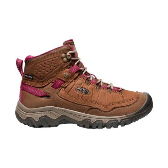 Brown mid-height hiking boot with pink accents, beige laces, and a black toe cap