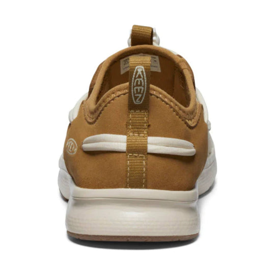 Brown closed-toe sneaker sandal seen from the back with a white sole and heel pull tab