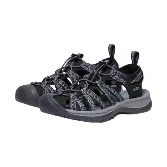 Black closed-toe hiking sandals with bungee laces, open sides, and gray soles