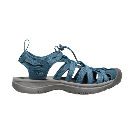 Blue sport sandal with bungee straps, open toe, and gray cushioned sole