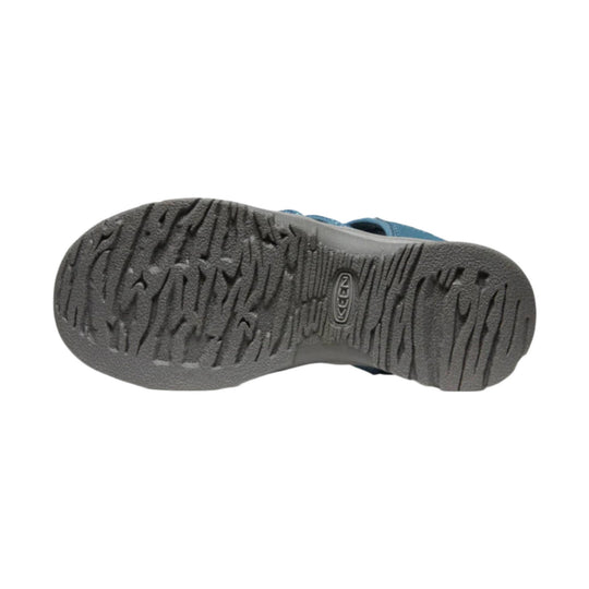 Gray rubber outsole of a KEEN sandal with deep tread and an embossed logo