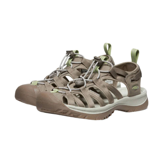 Taupe closed-toe hiking sandals with bungee laces, side cutouts, and thick rubber soles