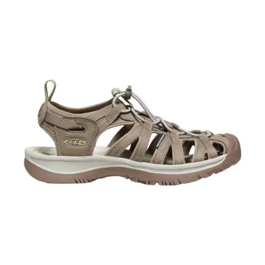 Taupe closed-toe hiking sandal with bungee laces, side cutouts, and a white midsole