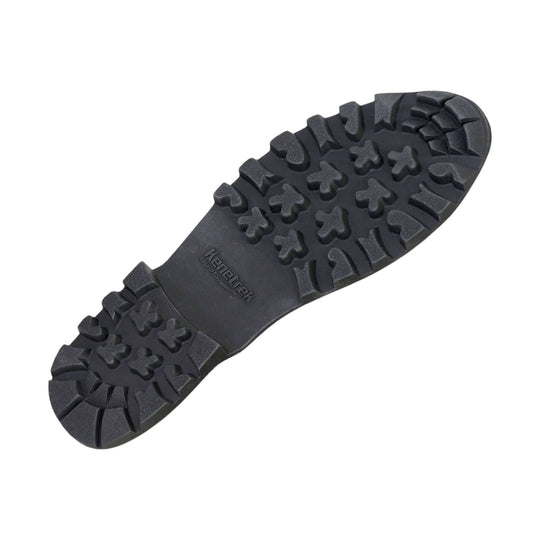 Black boot outsole with deep lug tread and embossed branding