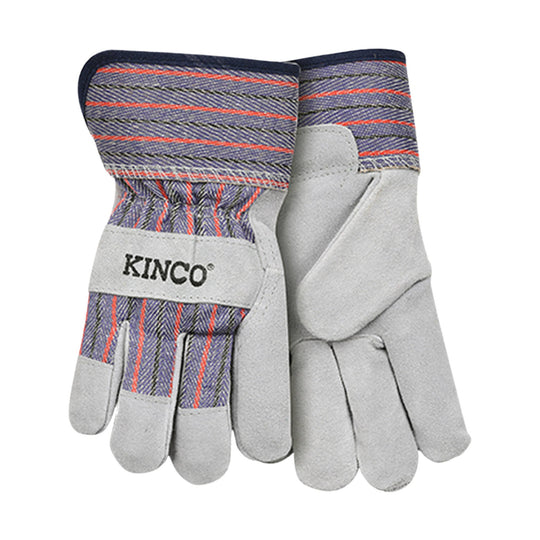 Gray striped leather work gloves with white palms and KINCO logo