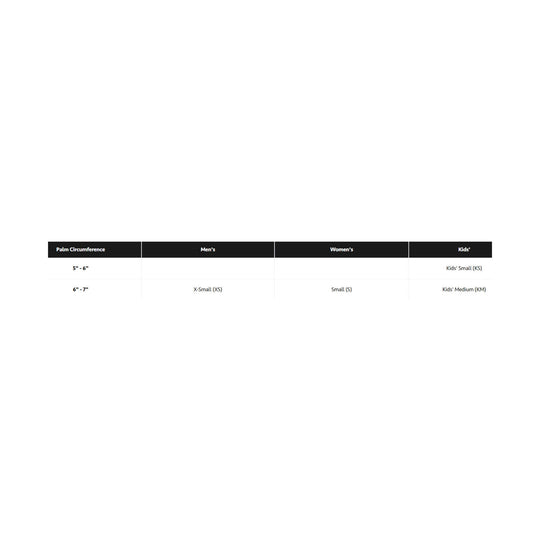 Size chart table for gloves showing palm circumference and men's, women's, and kids' sizes