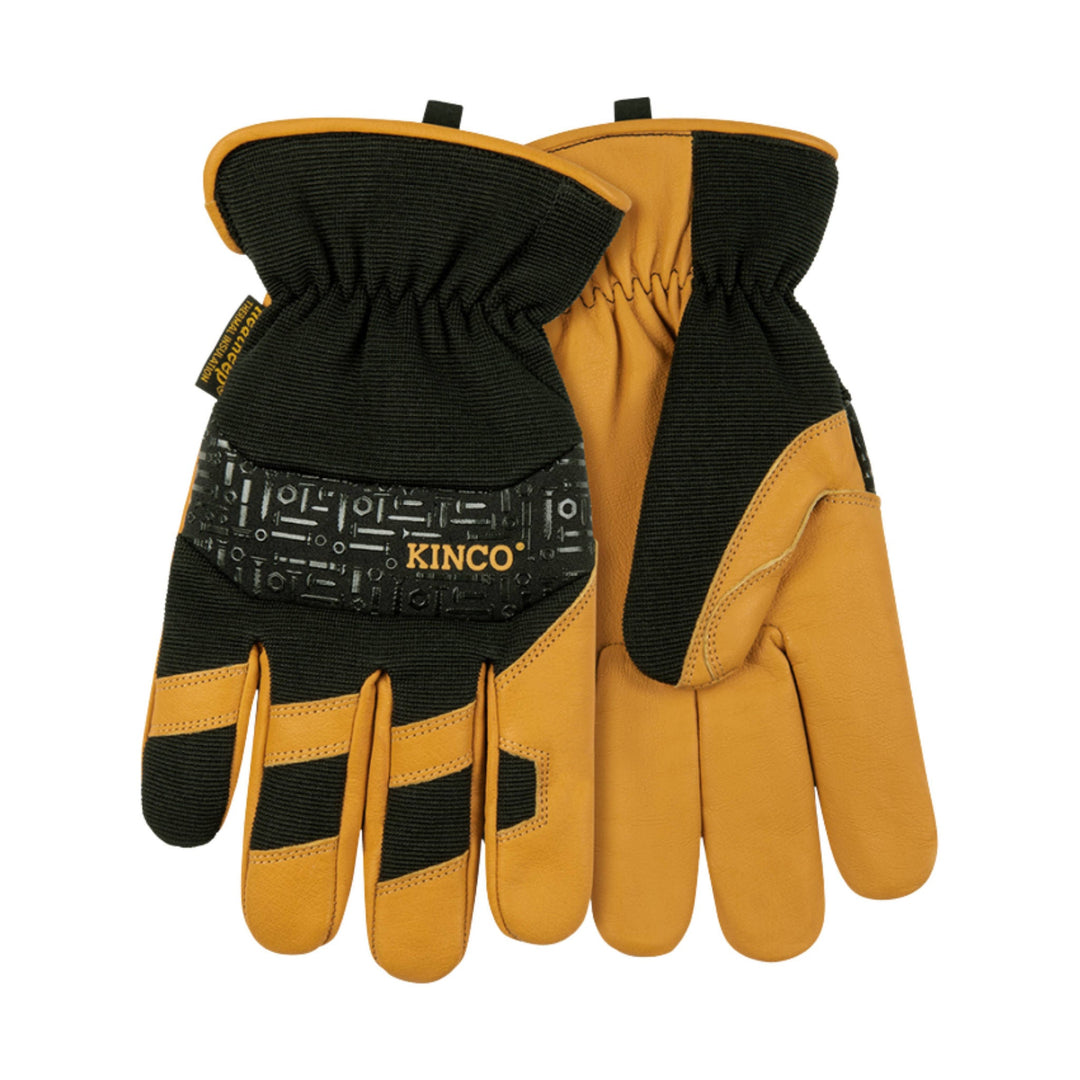 Black and tan work gloves with reinforced palms and visible KINCO logo