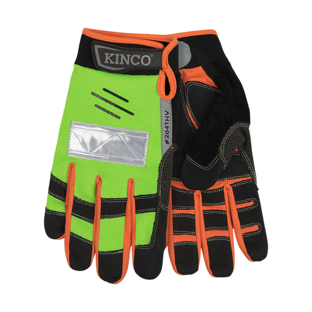 High-visibility work glove in neon green, black, and orange with KINCO logo and reflective patch