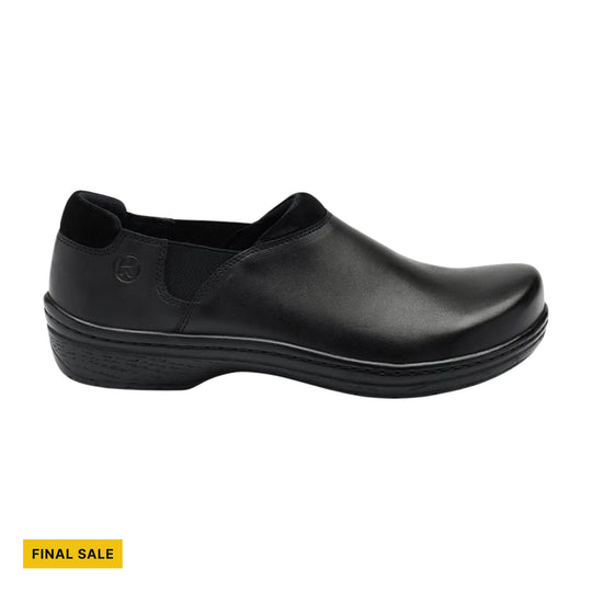 Black slip-on clog-style shoe with a low heel and rounded toe, shown in side view, with a FINAL SALE label