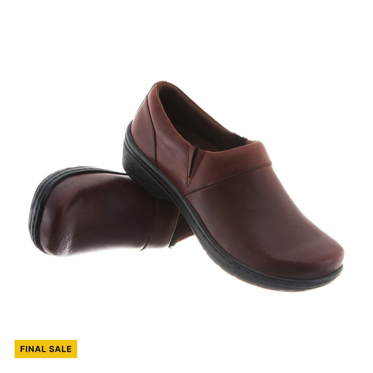 Brown slip-on clog-style shoes with black soles and a FINAL SALE label