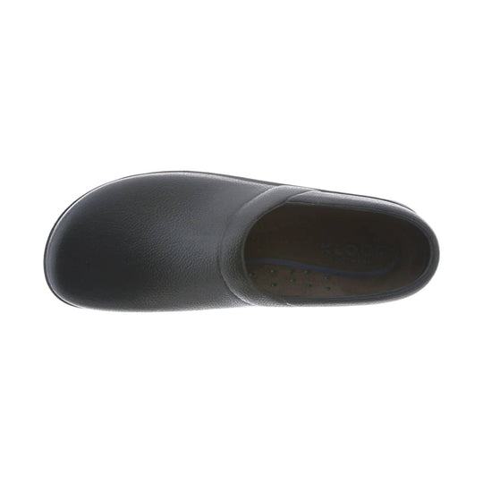 Black slip-on clog viewed from above