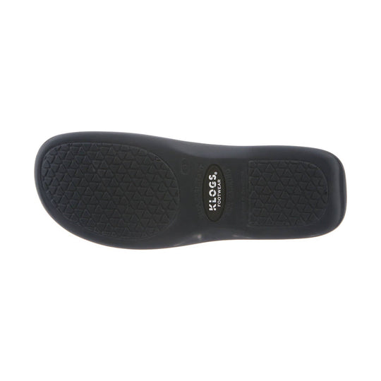 Black clog outsole with textured tread and Klogs Footwear logo