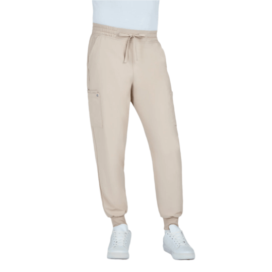 Beige jogger scrub pants with drawstring waist and cargo pockets