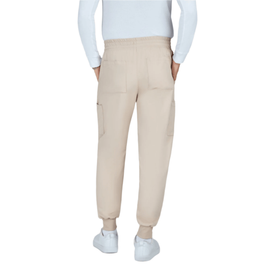 Beige cargo jogger scrub pants with elastic waistband, back pockets, and cuffed ankles