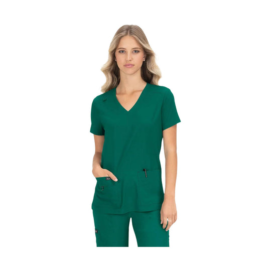 Emerald green V-neck scrub top with short sleeves and front patch pockets