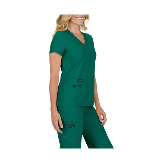 Green V-neck scrub top with chest and cargo pockets, shown on a model