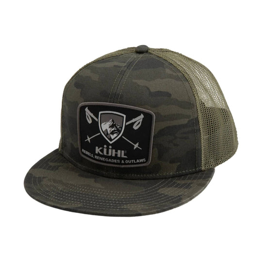 Camouflage trucker cap with mesh back and a front patch logo