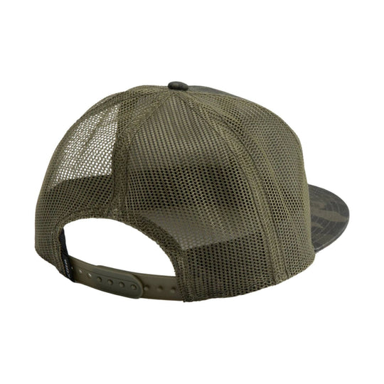 Olive mesh trucker hat with a camouflage bill and adjustable snapback closure