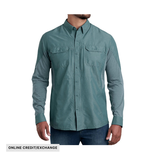 Blue-green long-sleeve button-up shirt with chest flap pockets and a collar