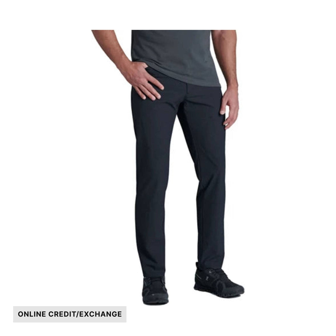 Black straight-leg pants on a male model, with "ONLINE CREDIT/EXCHANGE" text.
