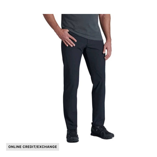 Black straight-leg pants on a male model, with "ONLINE CREDIT/EXCHANGE" text.