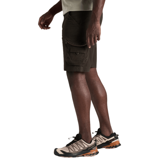 Espresso cargo shorts with flap leg pocket, shown on a model wearing trail shoes