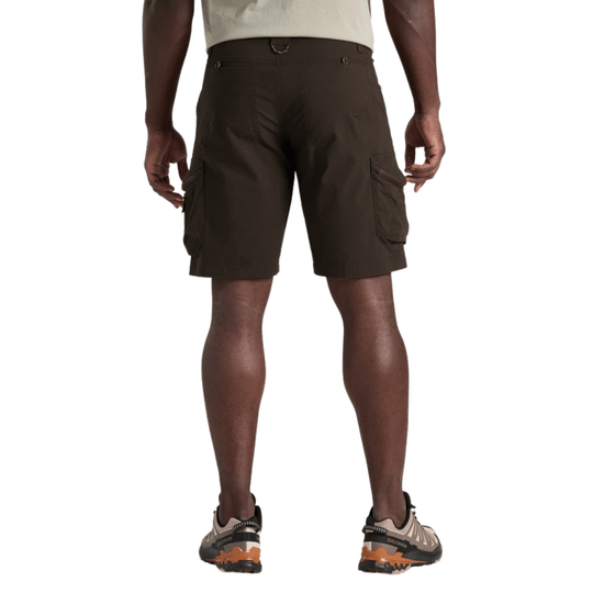 Brown cargo shorts shown from the back on a model, with side cargo pockets