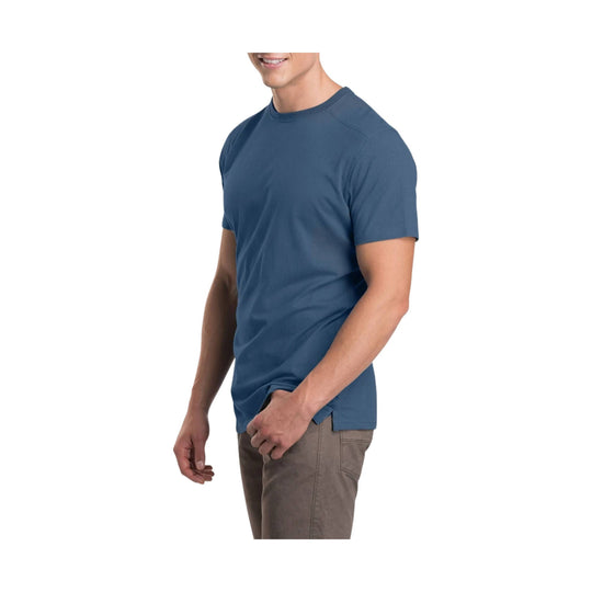 Blue short-sleeve crewneck T-shirt on a male model