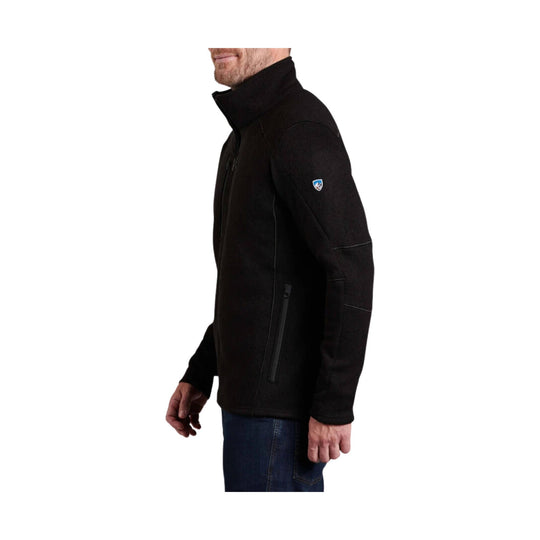 Black zip-up fleece jacket shown in side view