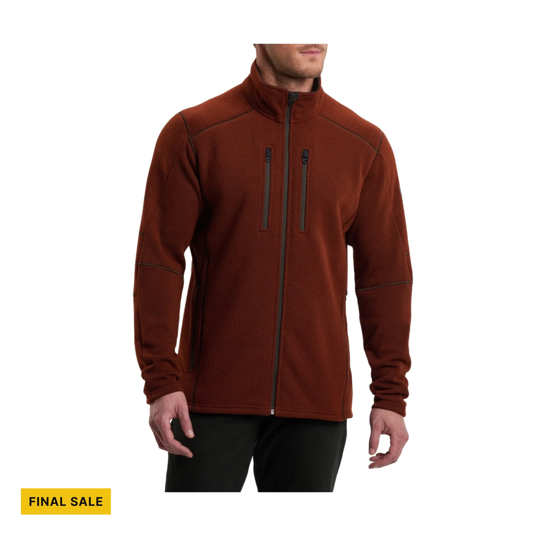 Rust-colored full-zip fleece jacket with stand collar, chest zip pockets, and a yellow FINAL SALE label