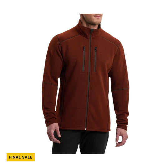 Rust-colored full-zip fleece jacket with stand collar, chest zip pockets, and a yellow FINAL SALE label