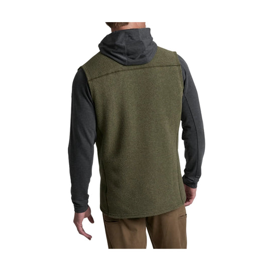 Olive fleece vest worn over a charcoal hooded long-sleeve top, shown from the back