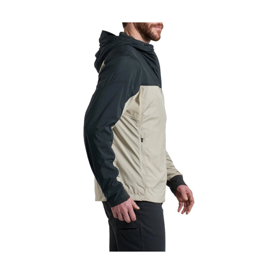 Two-tone hooded jacket with black sleeves and beige body, shown in side profile
