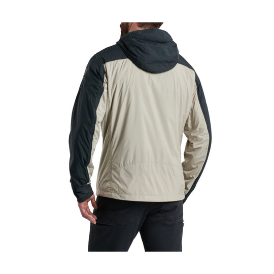 Two-tone hooded men's jacket shown from the back, with light beige body and dark sleeves and hood