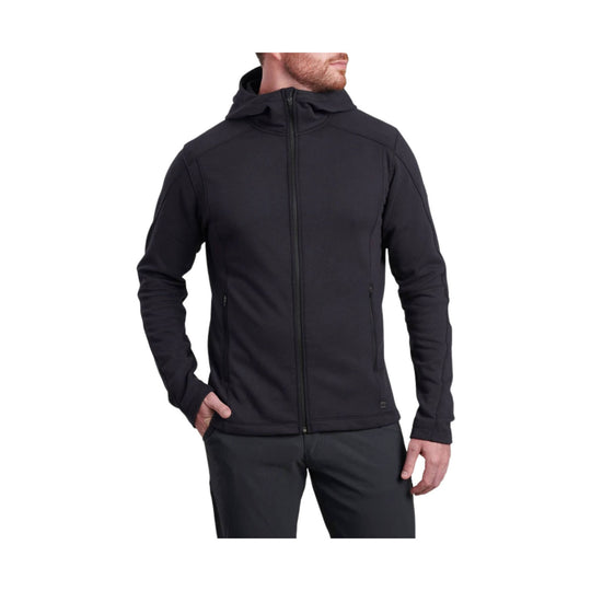 Black zip-up hooded jacket with front hand pockets