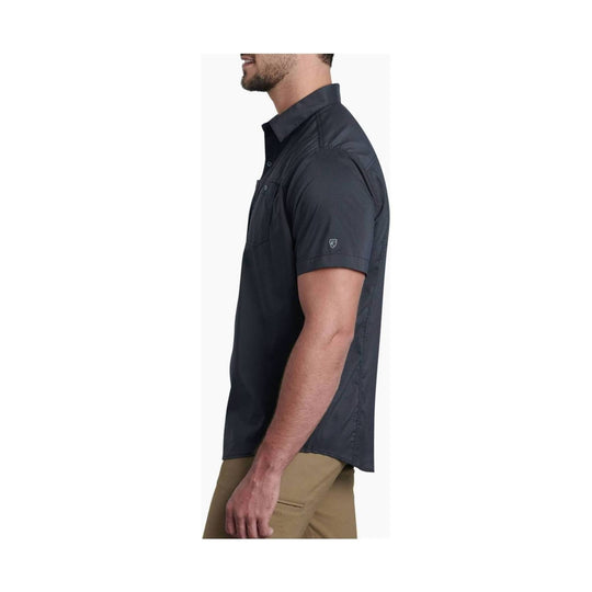 Black short-sleeve button-up shirt shown in side profile with a chest pocket