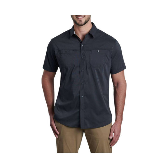 Dark charcoal short-sleeve button-up shirt with chest pockets and a pointed collar