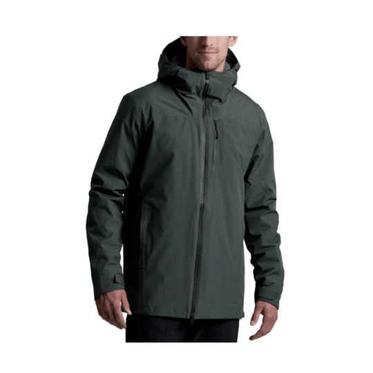 Dark gray hooded zip-front insulated jacket with chest pocket and two-way front zipper