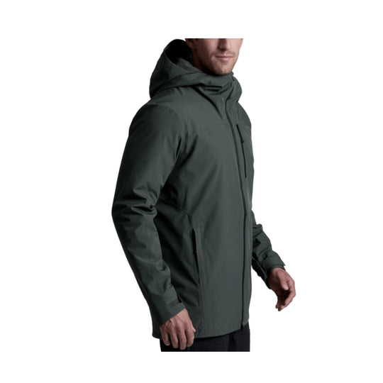 Dark gray hooded insulated jacket with full front zipper and chest pocket, shown in side view