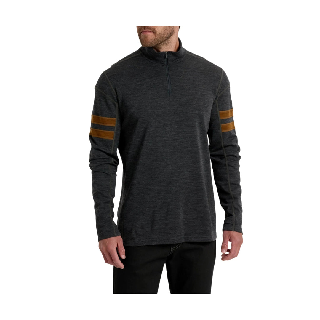 Dark gray long-sleeve quarter-zip pullover with brown stripes on the upper sleeves
