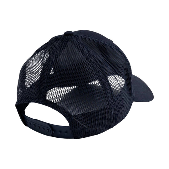 Black mesh trucker hat shown from the back and side with an adjustable snapback closure