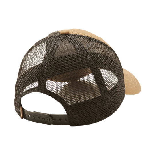 Brown mesh trucker hat with tan front panel, curved brim, and adjustable snapback strap
