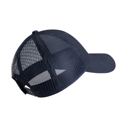 Navy mesh trucker cap with curved brim and snapback closure