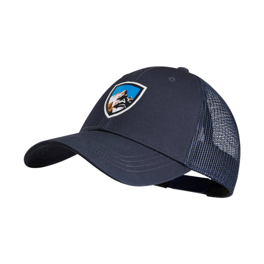Navy trucker cap with mesh back and mountain patch logo