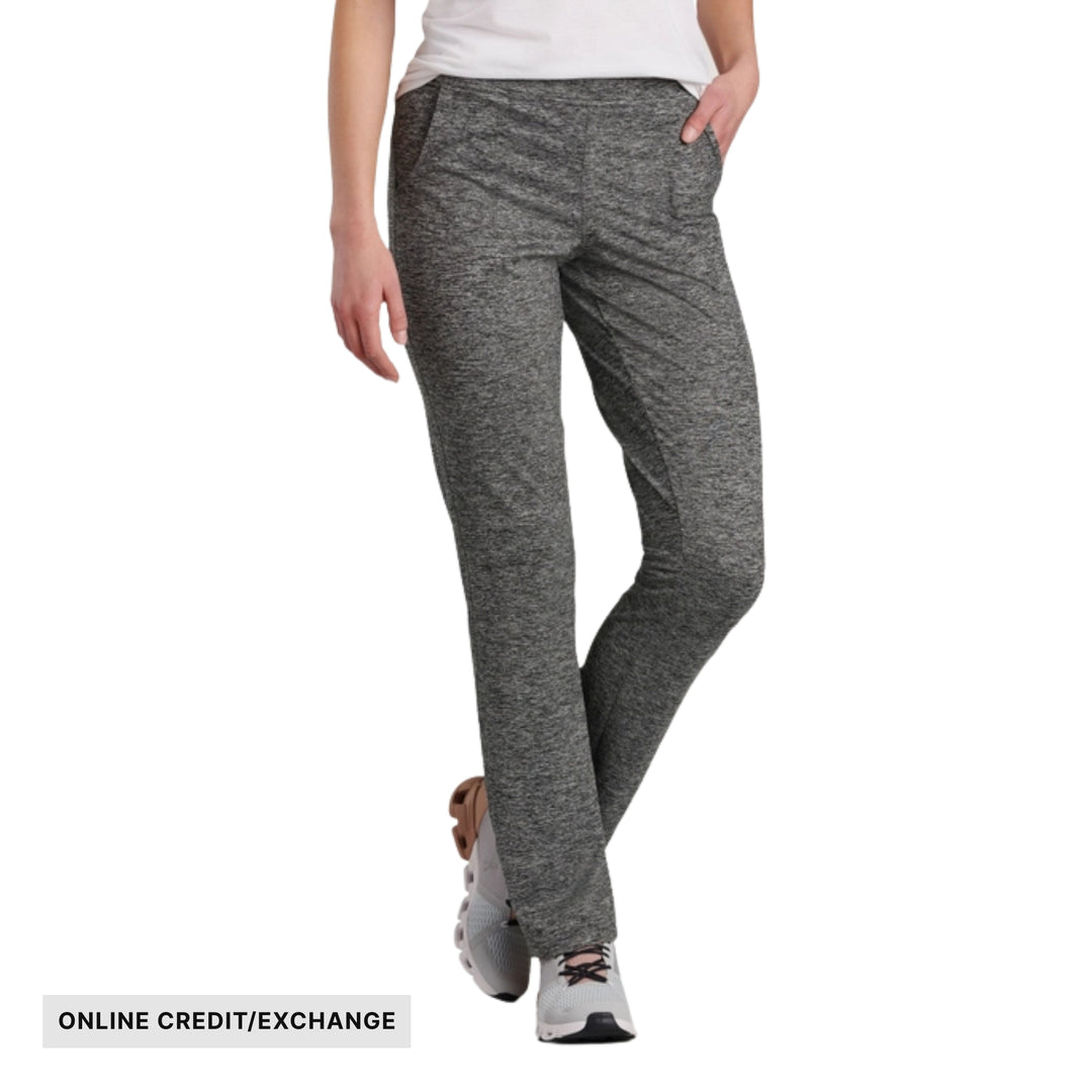 Gray heather women’s pants with side pockets and visible text reading ONLINE CREDIT/EXCHANGE