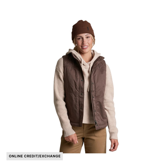 Brown quilted vest over a cream hoodie, shown on a model, with an ONLINE CREDIT/EXCHANGE label